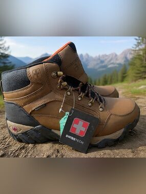 Swiss Tech Brown and Black Men's Hiking Boots with Orange Trim